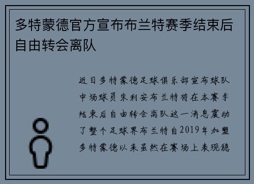 多特蒙德官方宣布布兰特赛季结束后自由转会离队